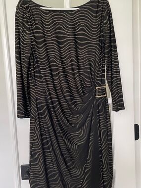 Tahari Black Dress with Gold Wave Print and Buckle Detail Size 14